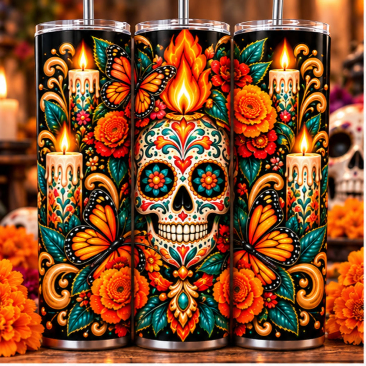 Dia de los Muertos sugar skull candle monarch butterfly tumbler design