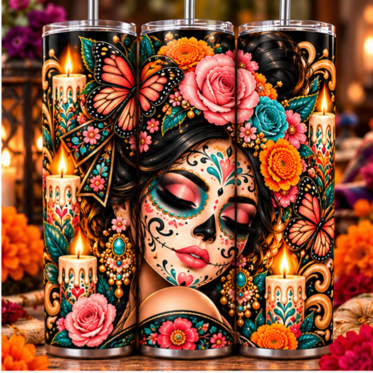 Dia de los Muertos woman sugar skull floral butterfly tumbler design