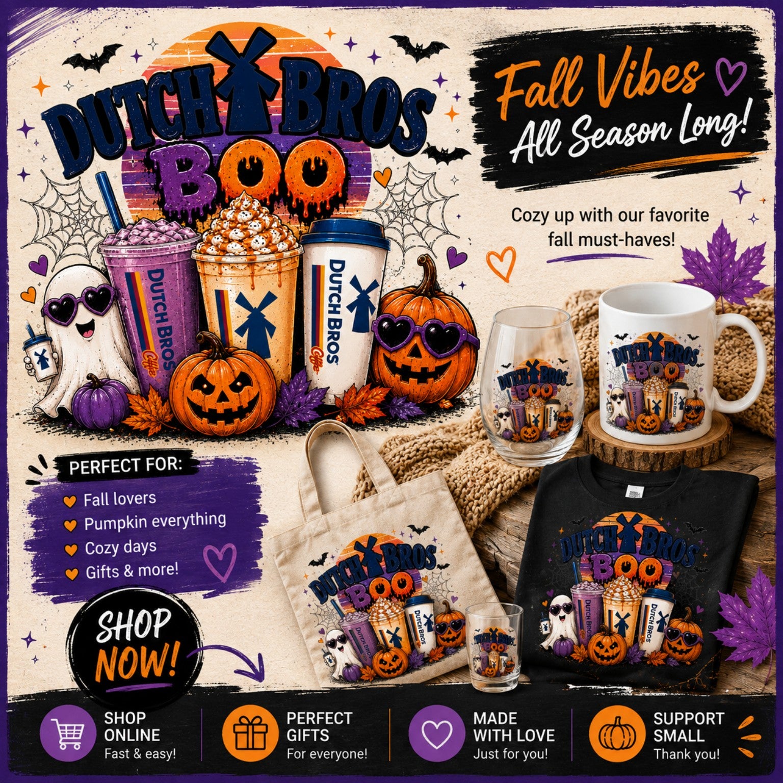 Dutch Bros Boo Halloween fall PNG mockup with pumpkins ghosts and coffee drinks