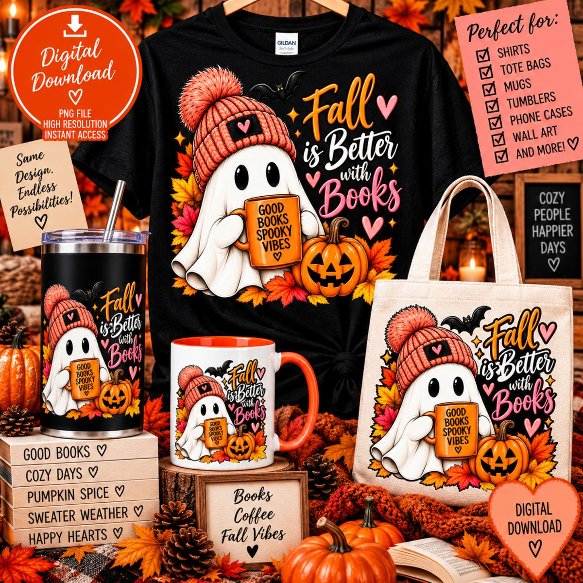 Fall Is Better With Books ghost reader PNG design