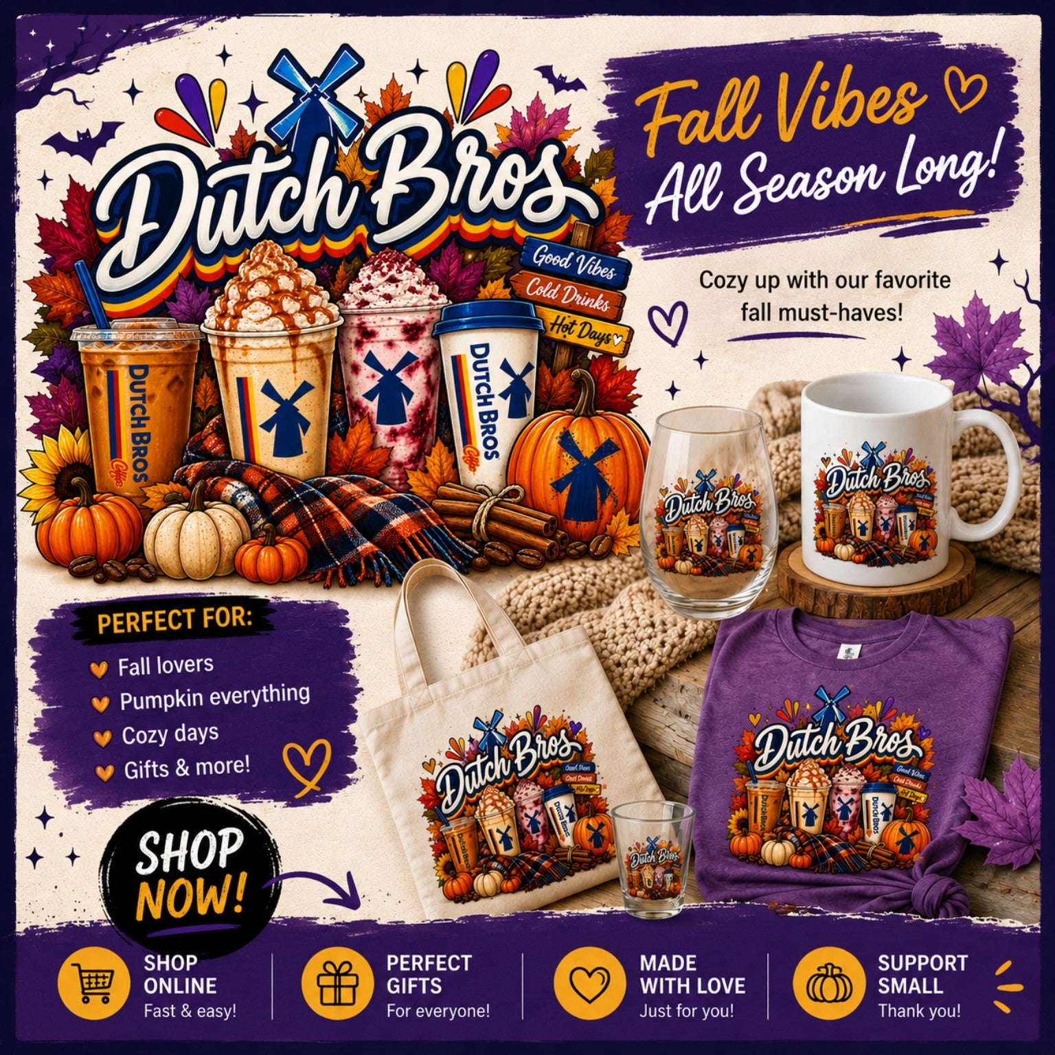 Fall Dutch Bros PNG mockup with pumpkins and autumn leaves