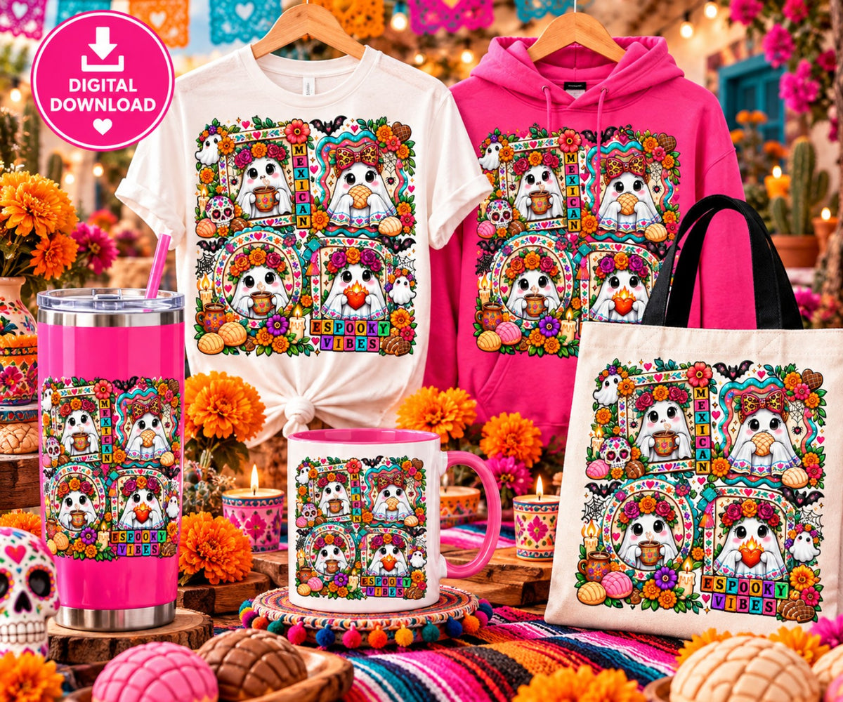 Floral bow ghost Día de los Muertos PNG on shirts tumbler mug and tote bag