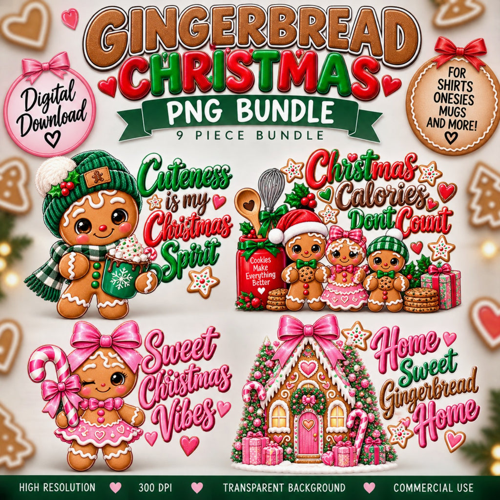 Gingerbread Christmas 9-piece PNG bundle for shirts onesies mugs and holiday crafts