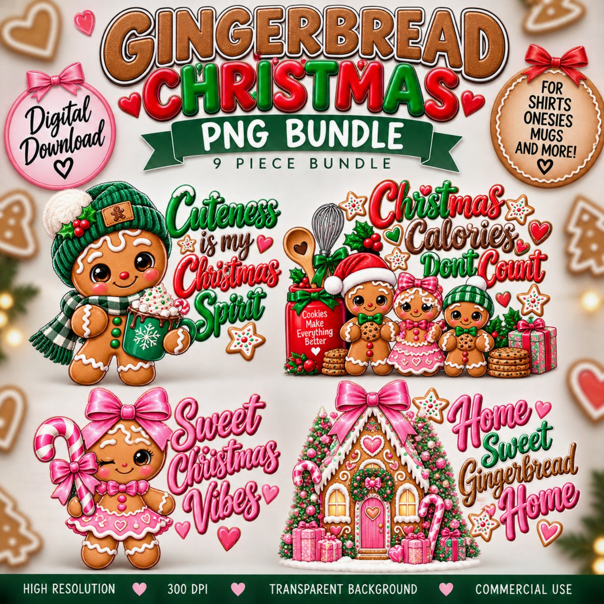 Gingerbread Christmas 9-piece PNG bundle for shirts onesies mugs and holiday crafts