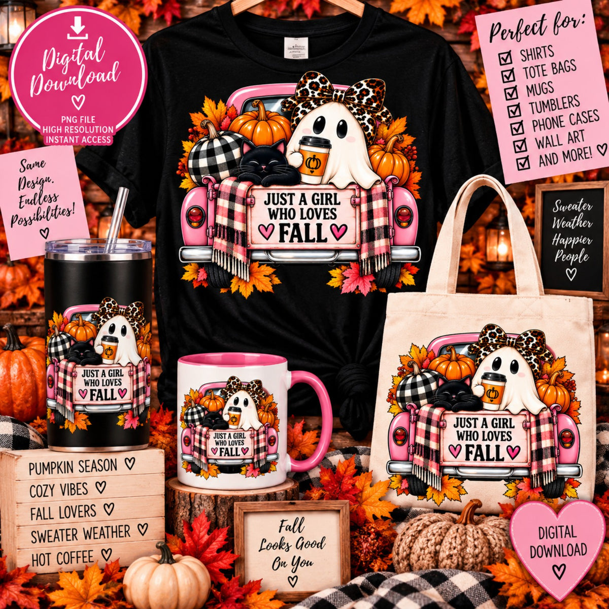 Just a Girl Who Loves Fall pink truck ghost PNG design