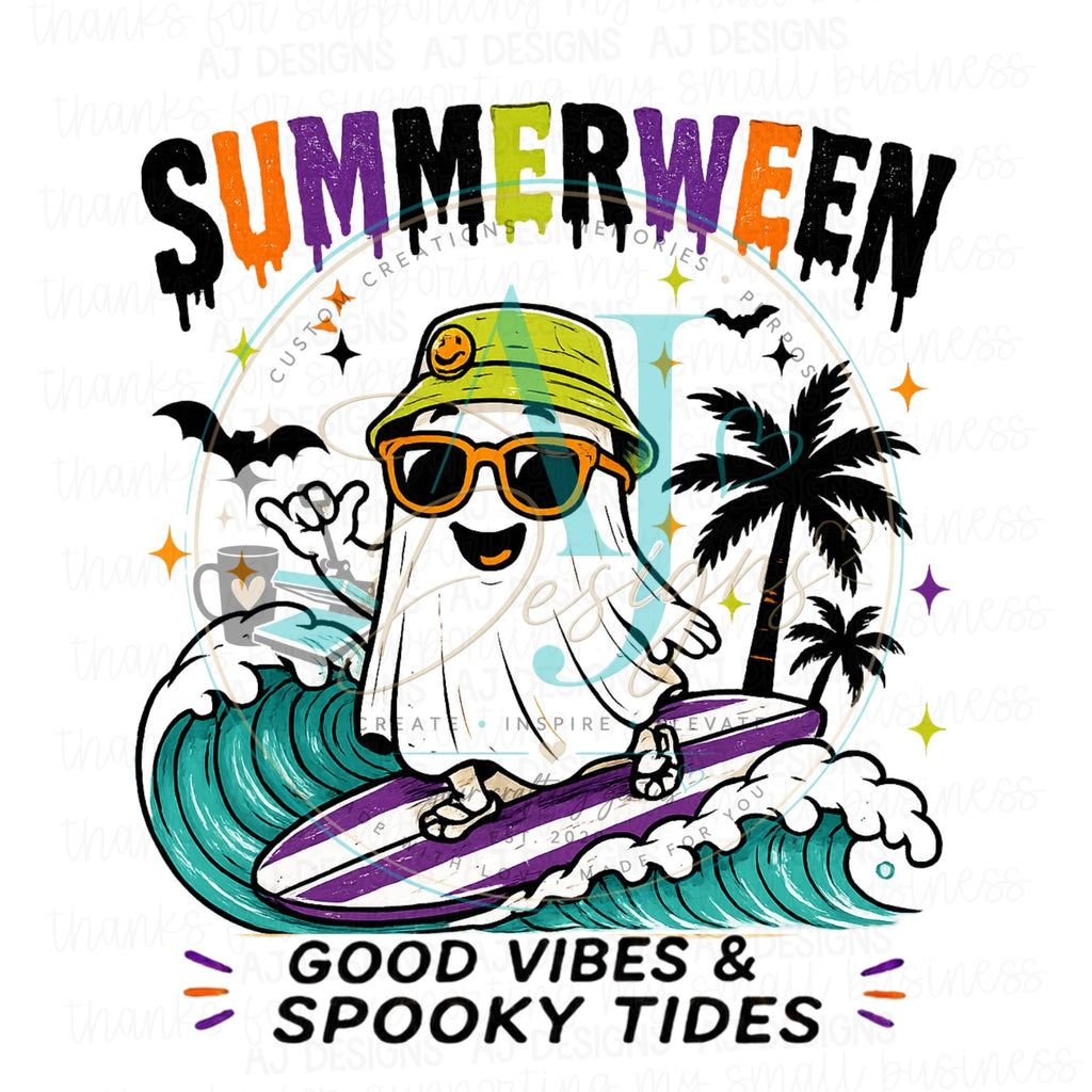 Good Vibes and Spooky Tides surfing ghost Summerween PNG
