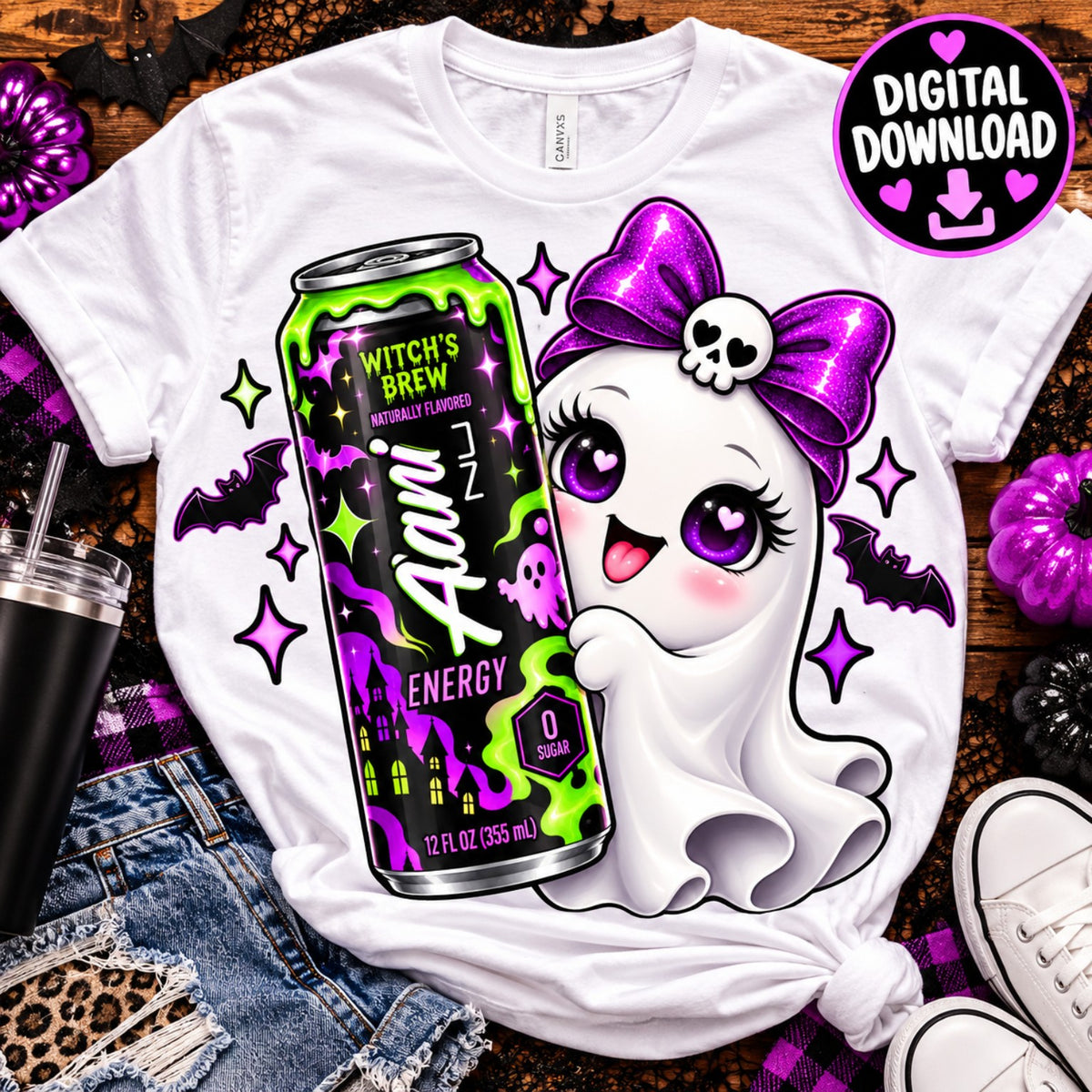Cute Halloween ghost with Alani-inspired energy drink digital PNG mockup