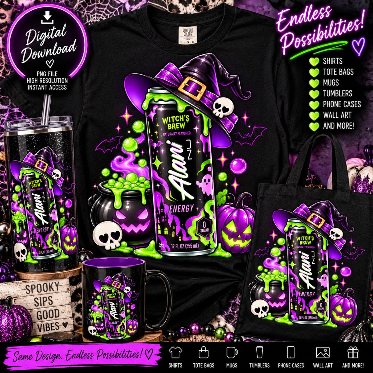 Witch's Brew Alani-inspired Halloween energy drink digital PNG mockup
