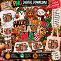 HallowThanksMas Thanks Mas PNG with ghost turkey snowman and Christmas tree