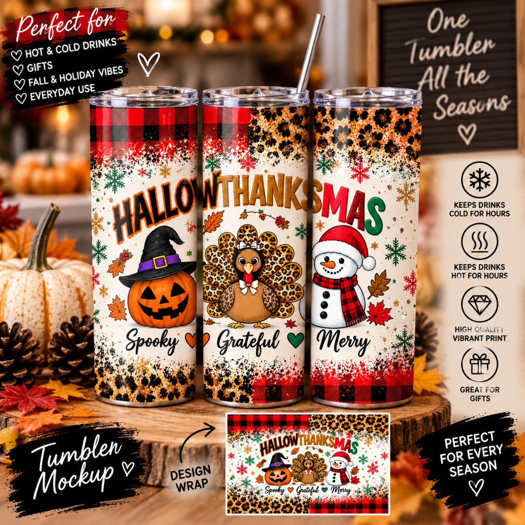 Hallowthanksmas tumbler wrap digital design with Halloween Thanksgiving and Christmas characters