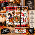 Hallowthanksmas tumbler wrap digital design with Halloween Thanksgiving and Christmas characters