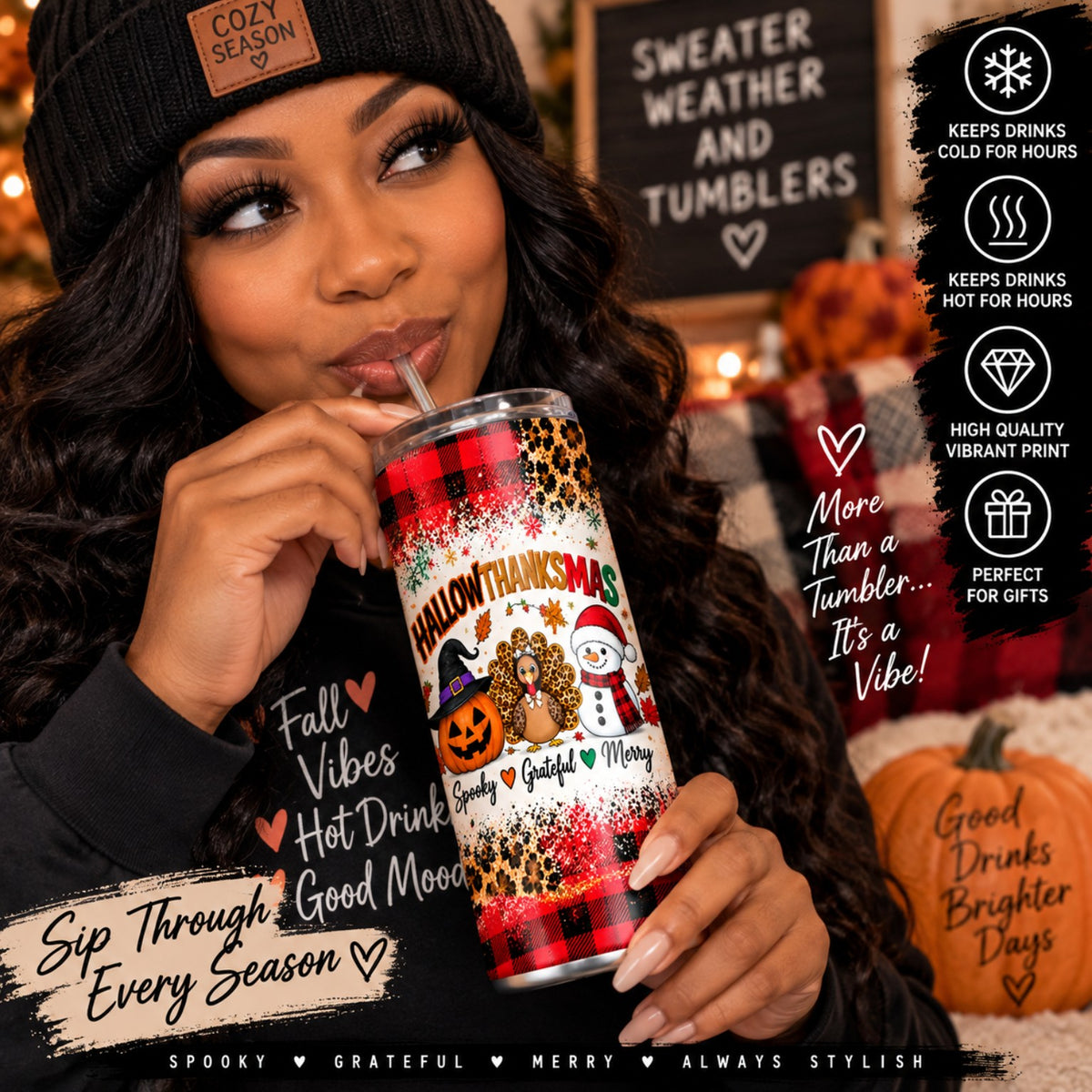 Hallowthanksmas holiday tumbler wrap lifestyle mockup for fall Thanksgiving and Christmas