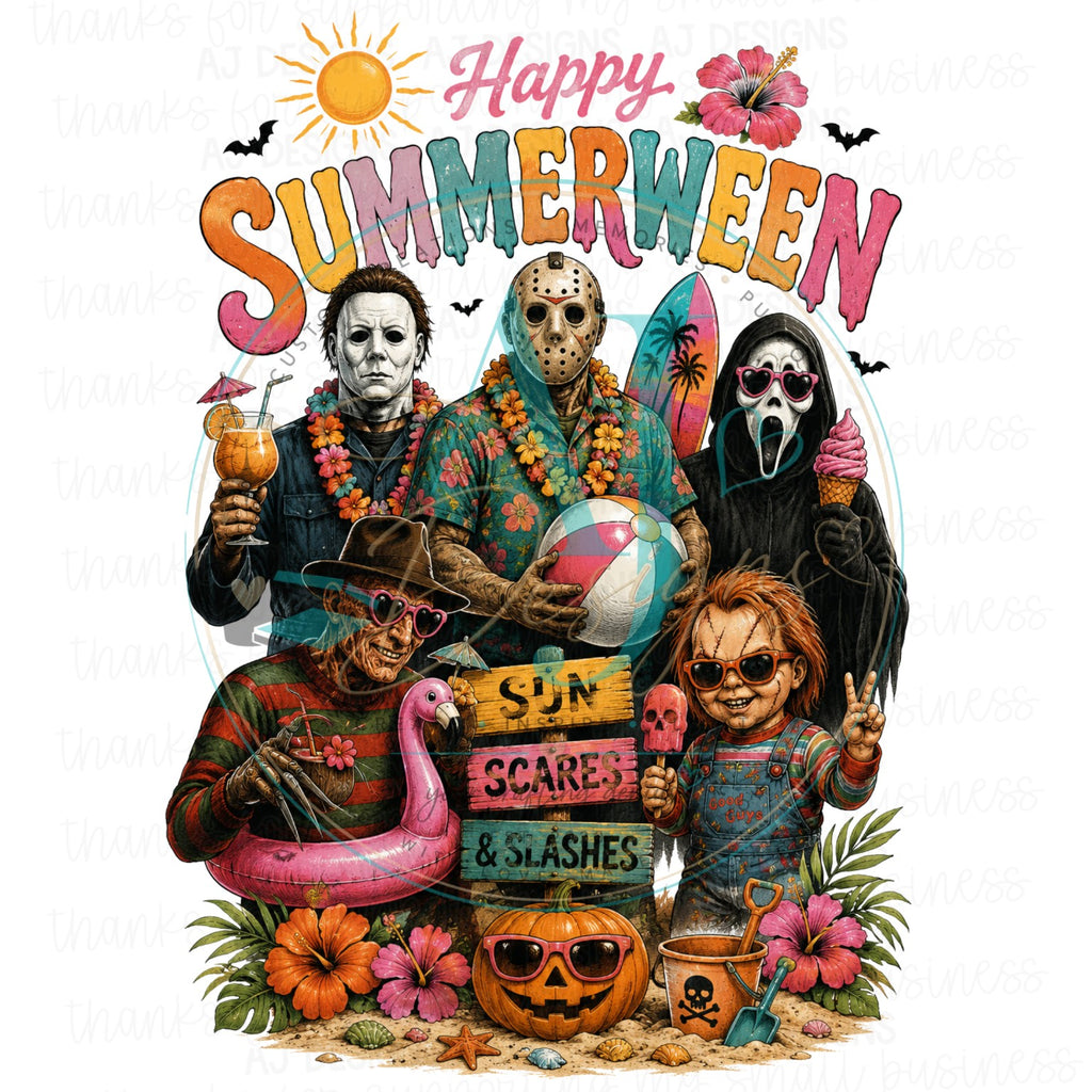 Happy Summerween horror characters beach PNG design