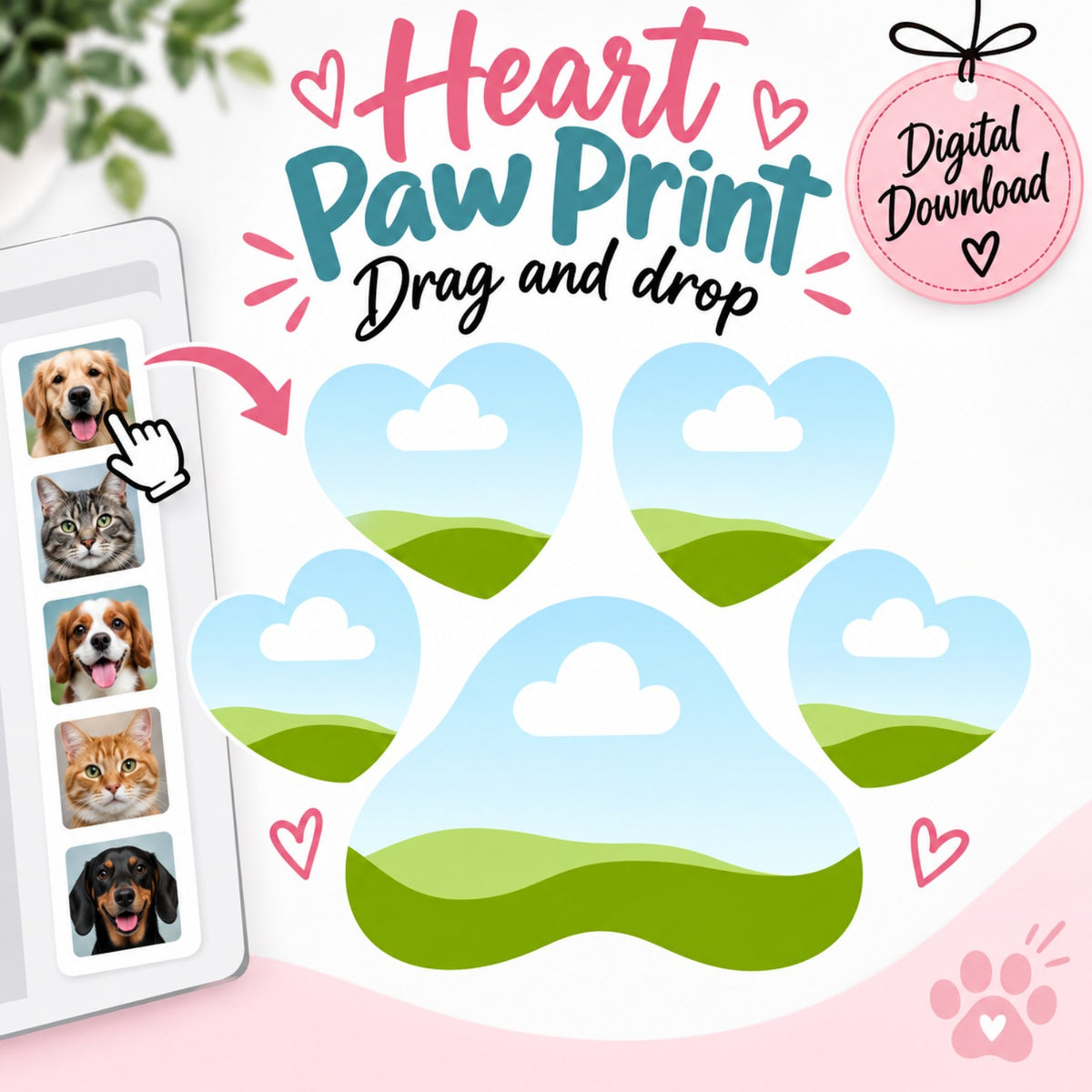 Heart Paw Print drag and drop Canva photo template digital download