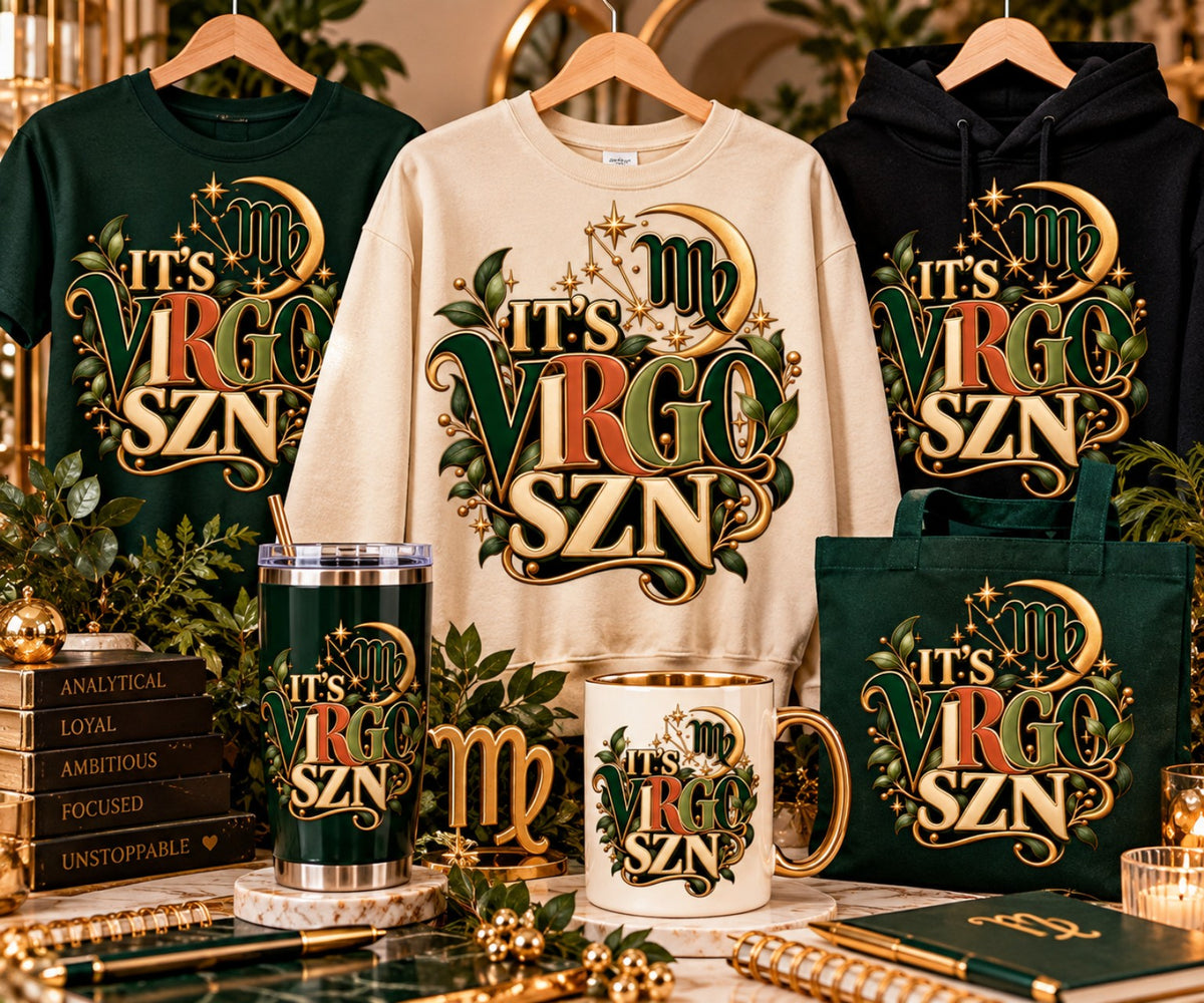 It's Virgo SZN zodiac PNG design with emerald leaves, gold moon, and Virgo symbol