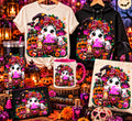 Kawaii Halloween witch ghost with bow, potion, books, pumpkins, and marigolds on mockups