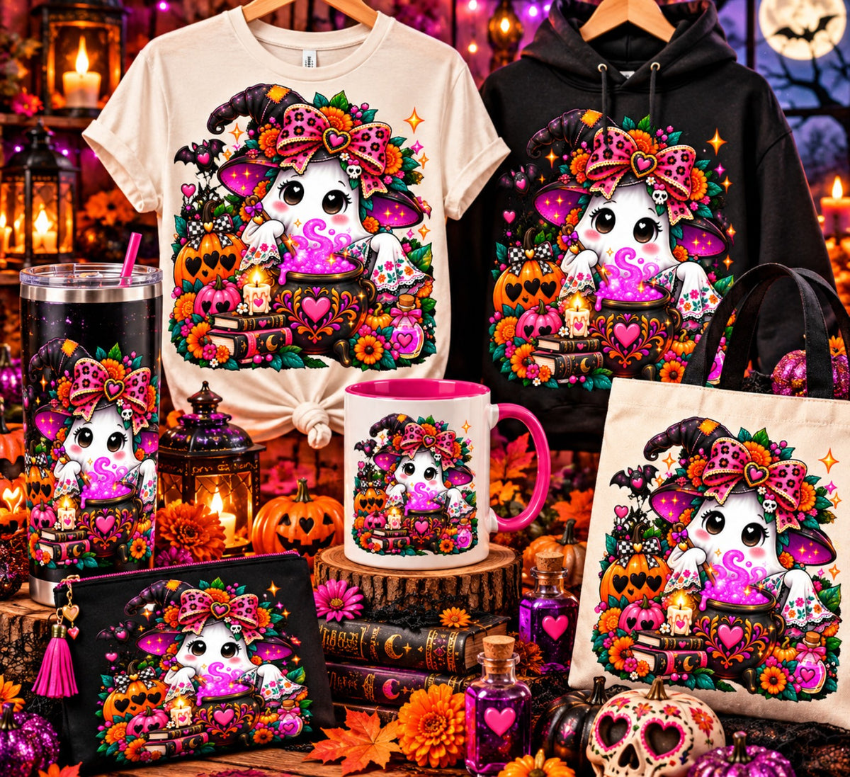 Kawaii Halloween witch ghost with bow, potion, books, pumpkins, and marigolds on mockups