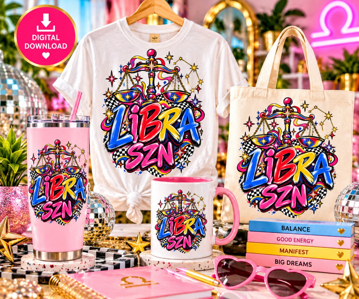 Libra SZN colorful zodiac PNG on shirts tumblers mugs and tote bags