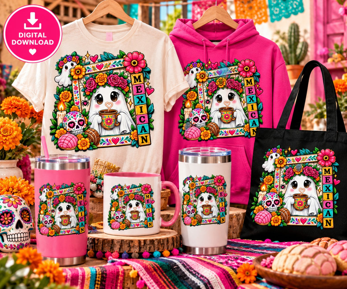 Mexican spooky ghost folk art PNG on shirts tumbler mug and tote bag