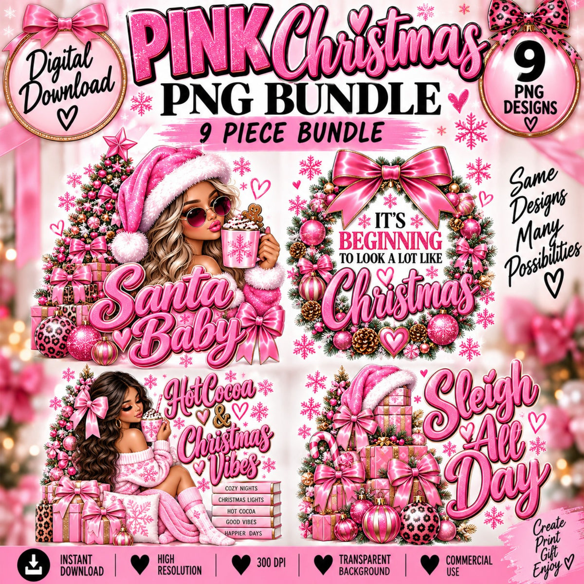 Pink Christmas 9-piece PNG bundle with Santa baby hot cocoa bows wreaths and holiday designs