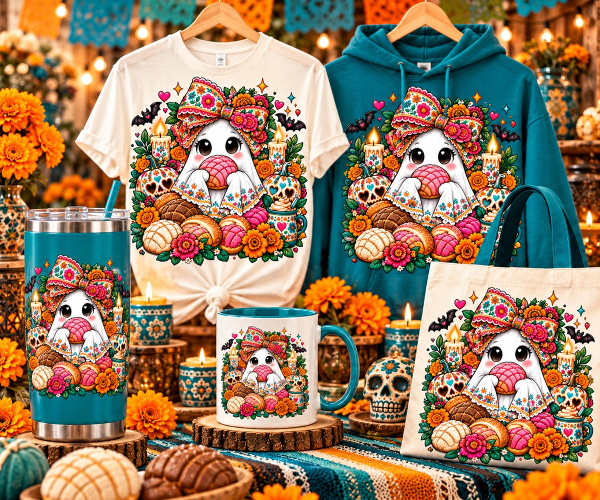 Pink floral concha ghost on shirt, hoodie, tumbler, mug, and tote mockups