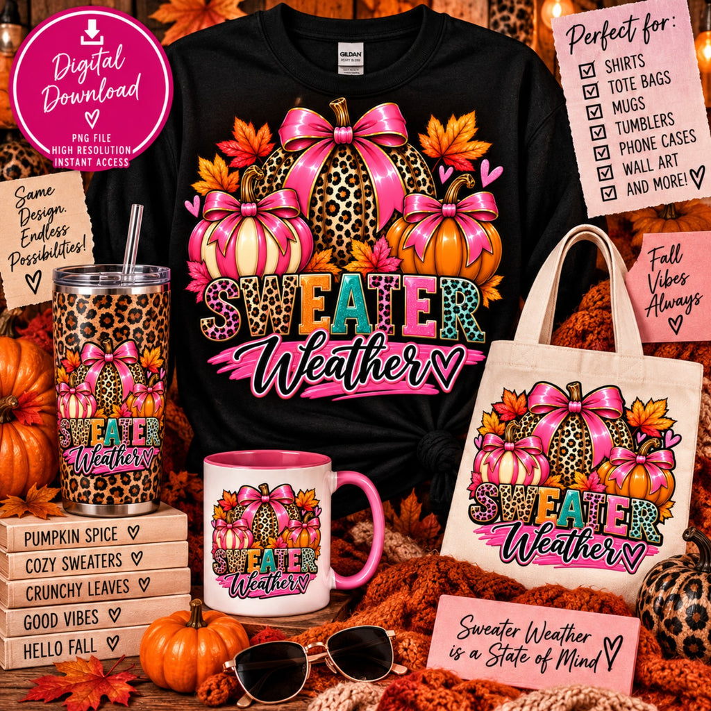 Sweater Weather pink bow and leopard pumpkin fall PNG design