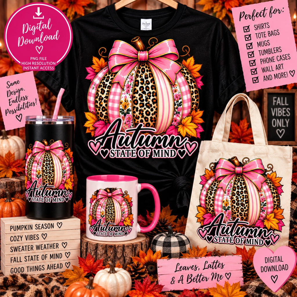 Autumn State of Mind pink leopard floral pumpkin PNG design