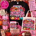 Hello Fall pink vintage truck with colorful pumpkins PNG design