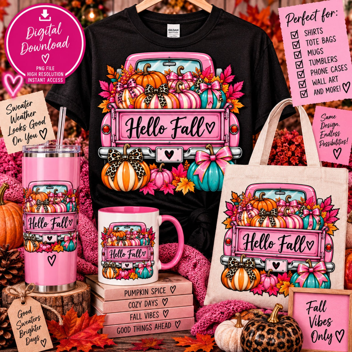 Hello Fall pink vintage truck with colorful pumpkins PNG design