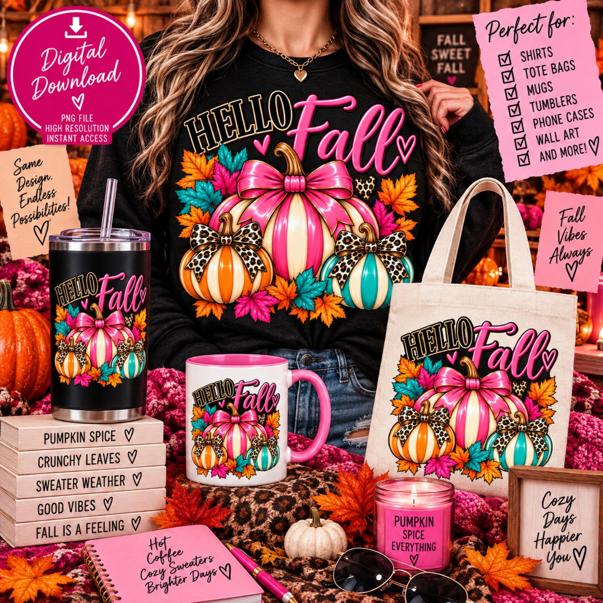 Hello Fall pink teal and orange pumpkins with leopard bows PNG design