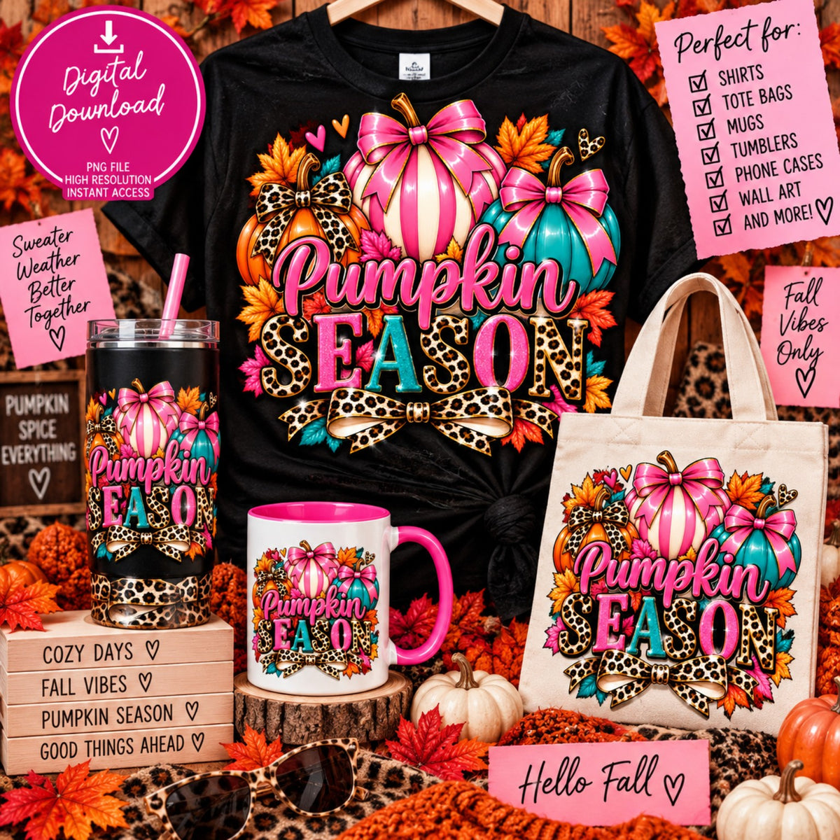 Pumpkin Season pink teal and orange pumpkins with leopard bow PNG design