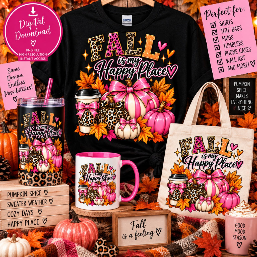 Fall Is My Happy Place pumpkins coffee cup and leopard bows PNG design