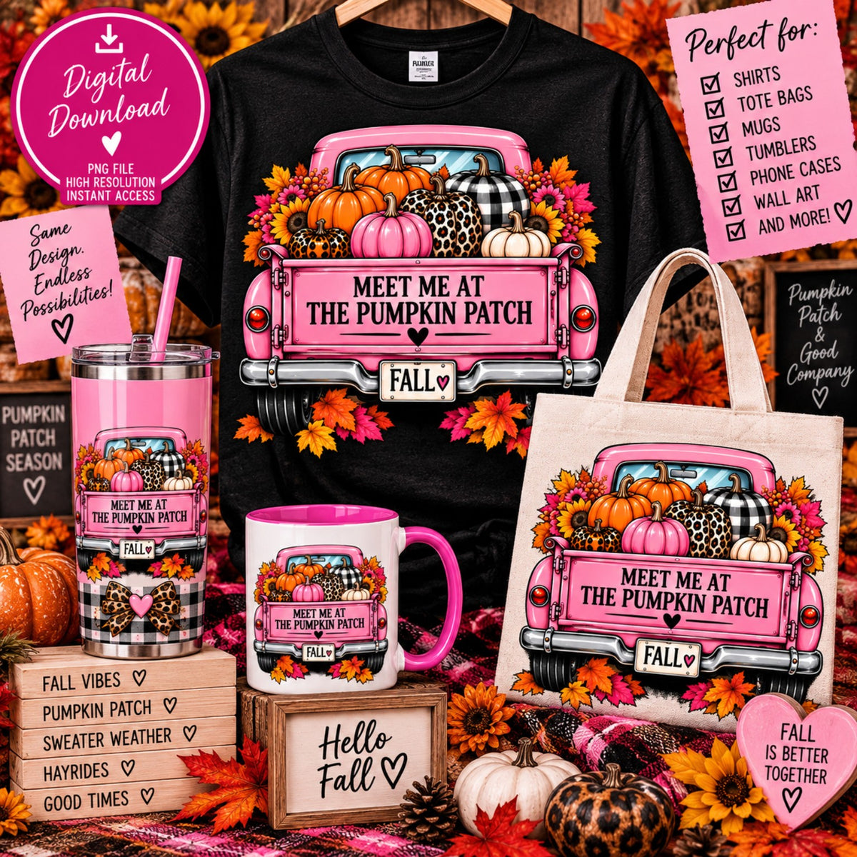 Meet Me at the Pumpkin Patch pink truck with pumpkins PNG design