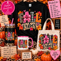 Fall Vibes leopard plaid and orange lettering PNG design with pink bow