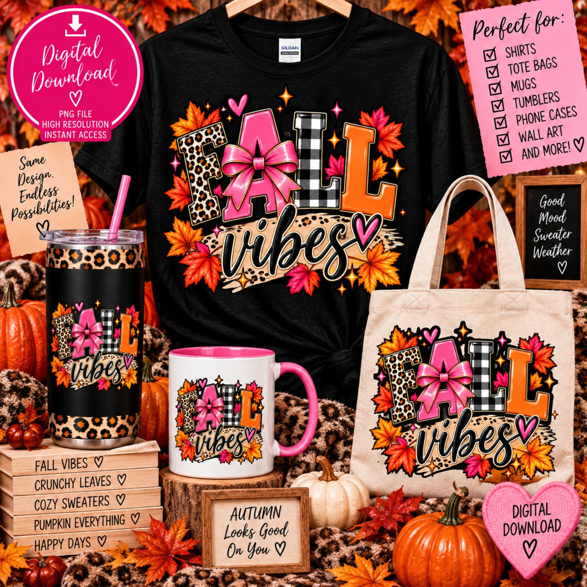 Fall Vibes leopard plaid and orange lettering PNG design with pink bow