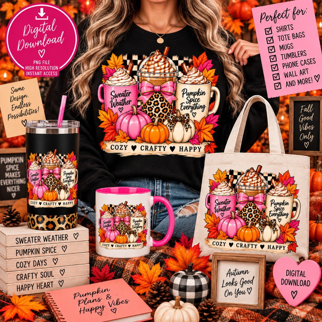 Cozy Crafty Happy pumpkin spice drinks and pumpkins PNG design