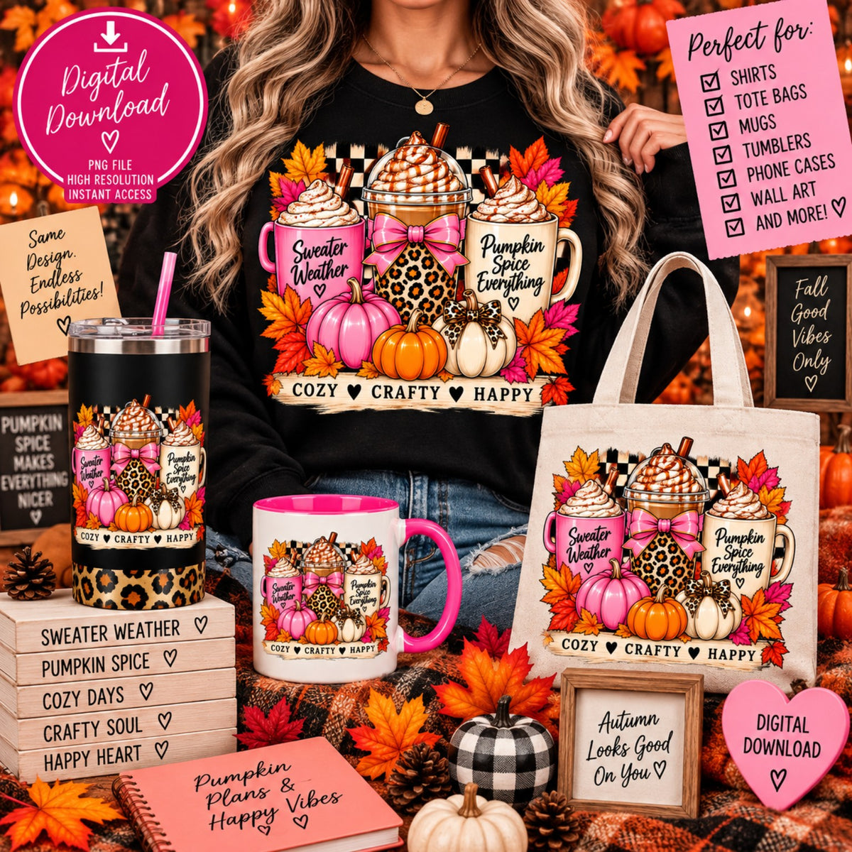 Cozy Crafty Happy pumpkin spice drinks and pumpkins PNG design