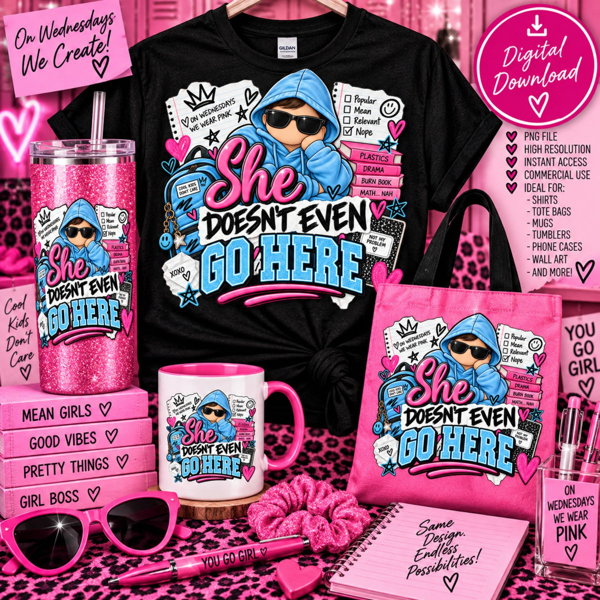 She does not even go here pink and blue Y2K collage PNG design