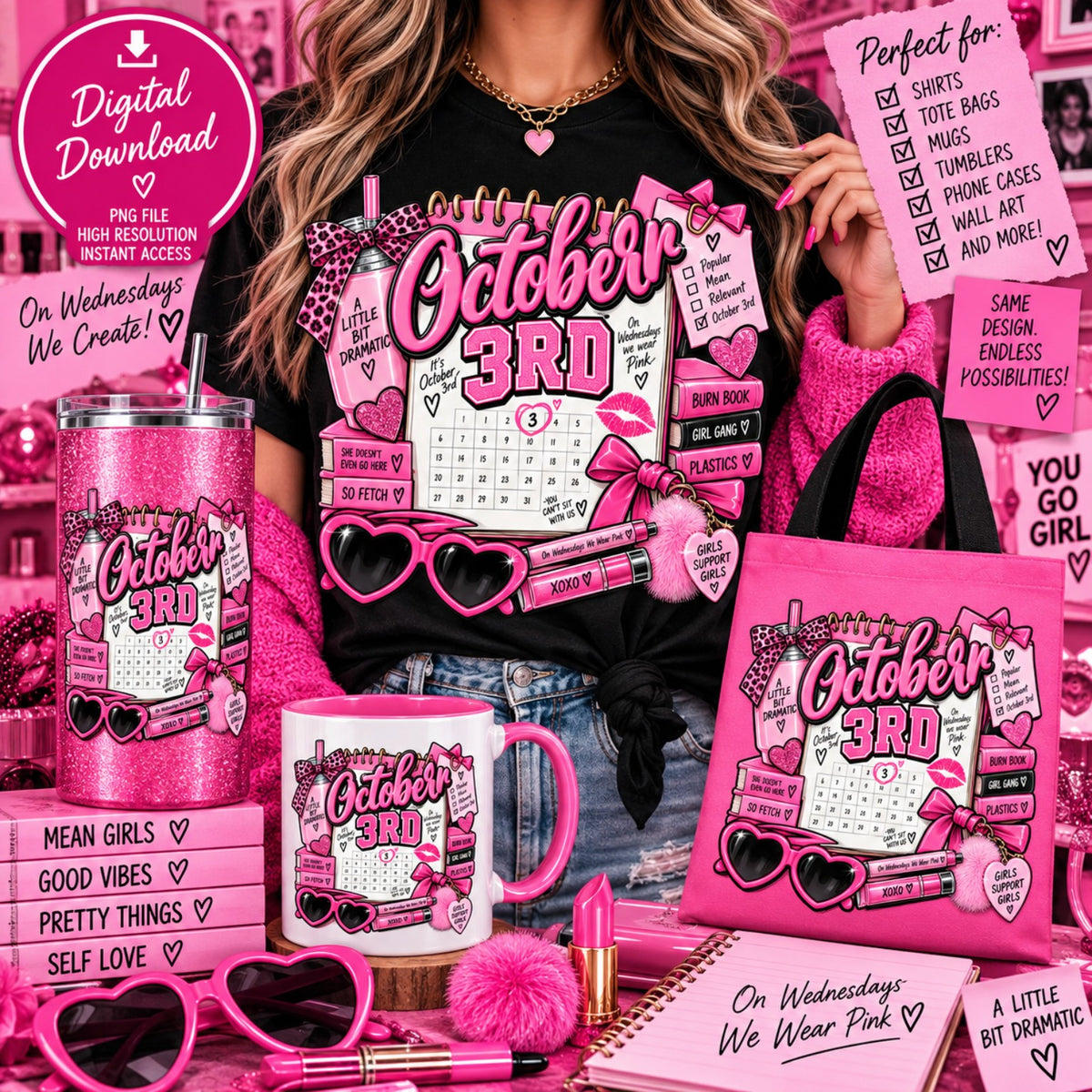 October 3rd pink calendar collage PNG design with bows glasses and notebooks