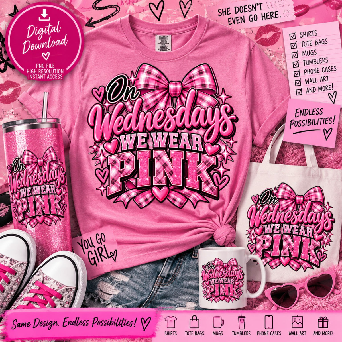 On Wednesdays we wear pink bow PNG design with plaid lettering and hearts