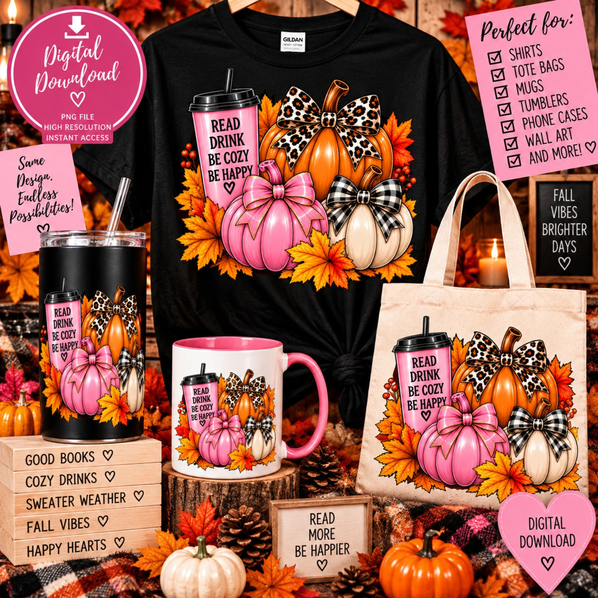 Read Drink Be Cozy Be Happy pumpkin PNG design
