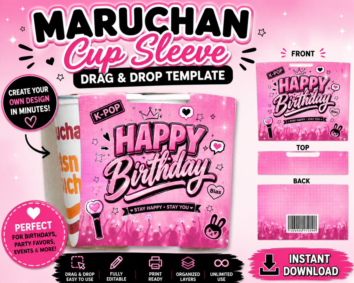 Instant Lunch Cup Sleeve Template | Drag & Drop Ramen Noodle Party Favor Template | Editable Birthday Cup Cover | Digital Download