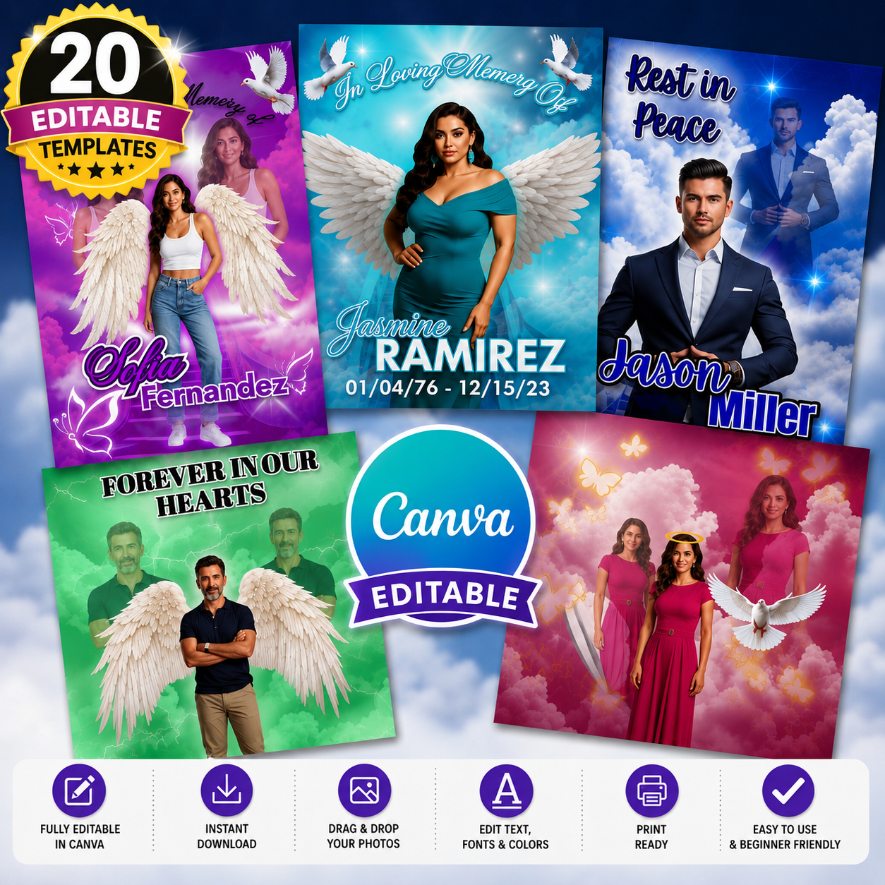 20 Editable Memorial Canva Templates | Celebration of Life Bundle | Funeral Poster Templates | Memorial Designs | Instant Download