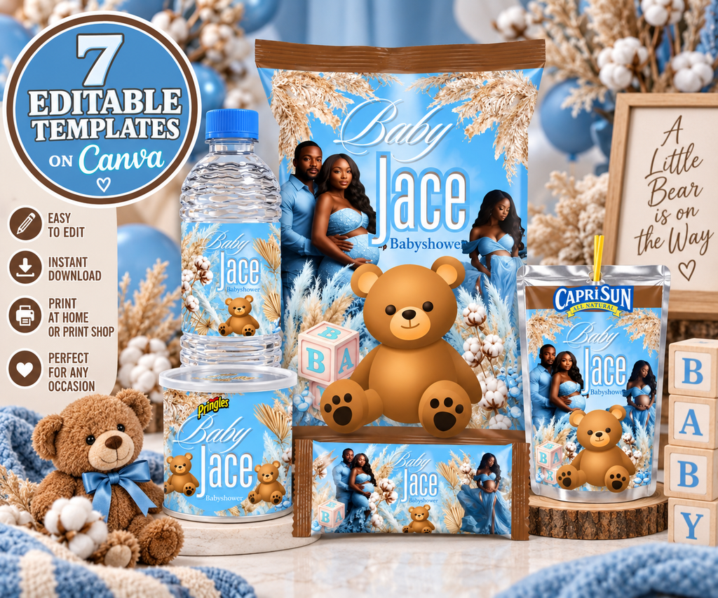 Teddy Bear Baby Shower Party Favor Templates | 7-Piece Editable Canva Bundle