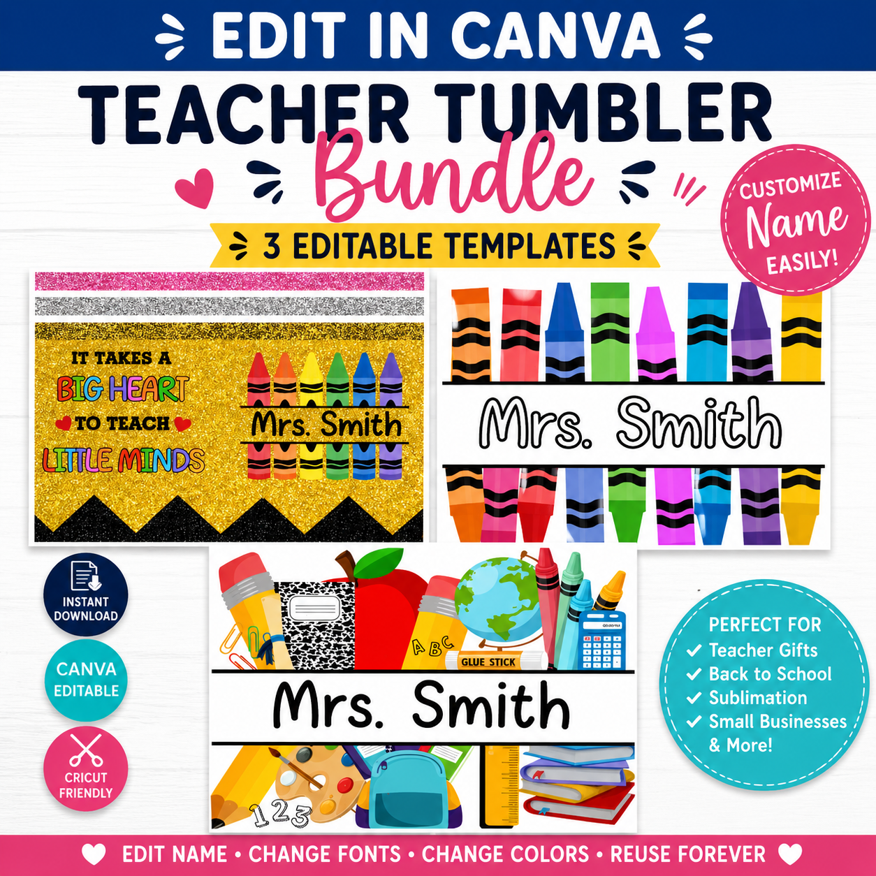 Editable Teacher Tumbler Bundle | 3 Canva Templates | Personalized Teacher Gift Designs | Instant Download