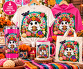 Spooky Vibes Mexican folk art ghost PNG on shirts tumbler mug and tote bag