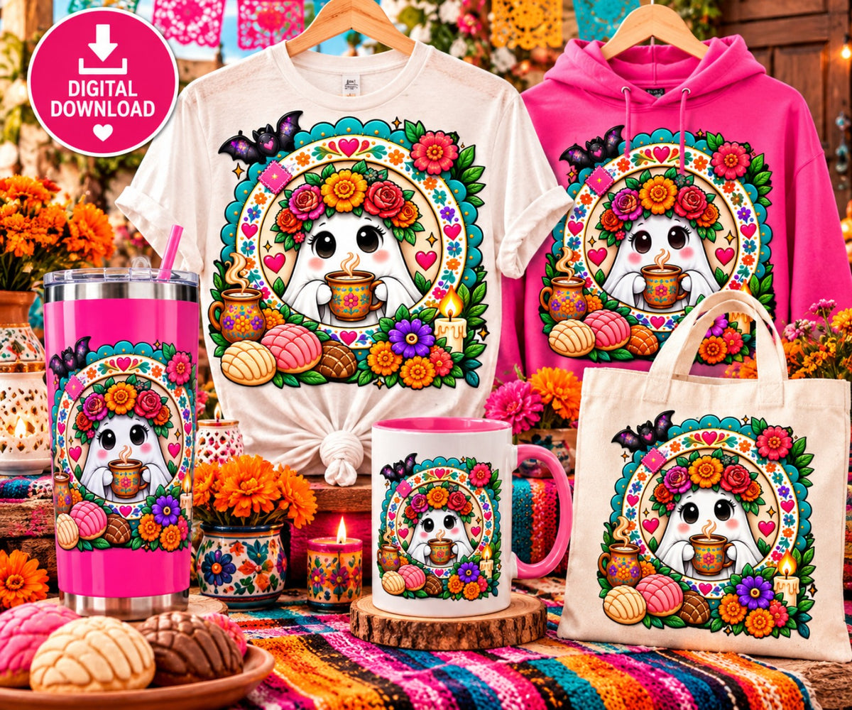 Spooky Vibes Mexican folk art ghost PNG on shirts tumbler mug and tote bag