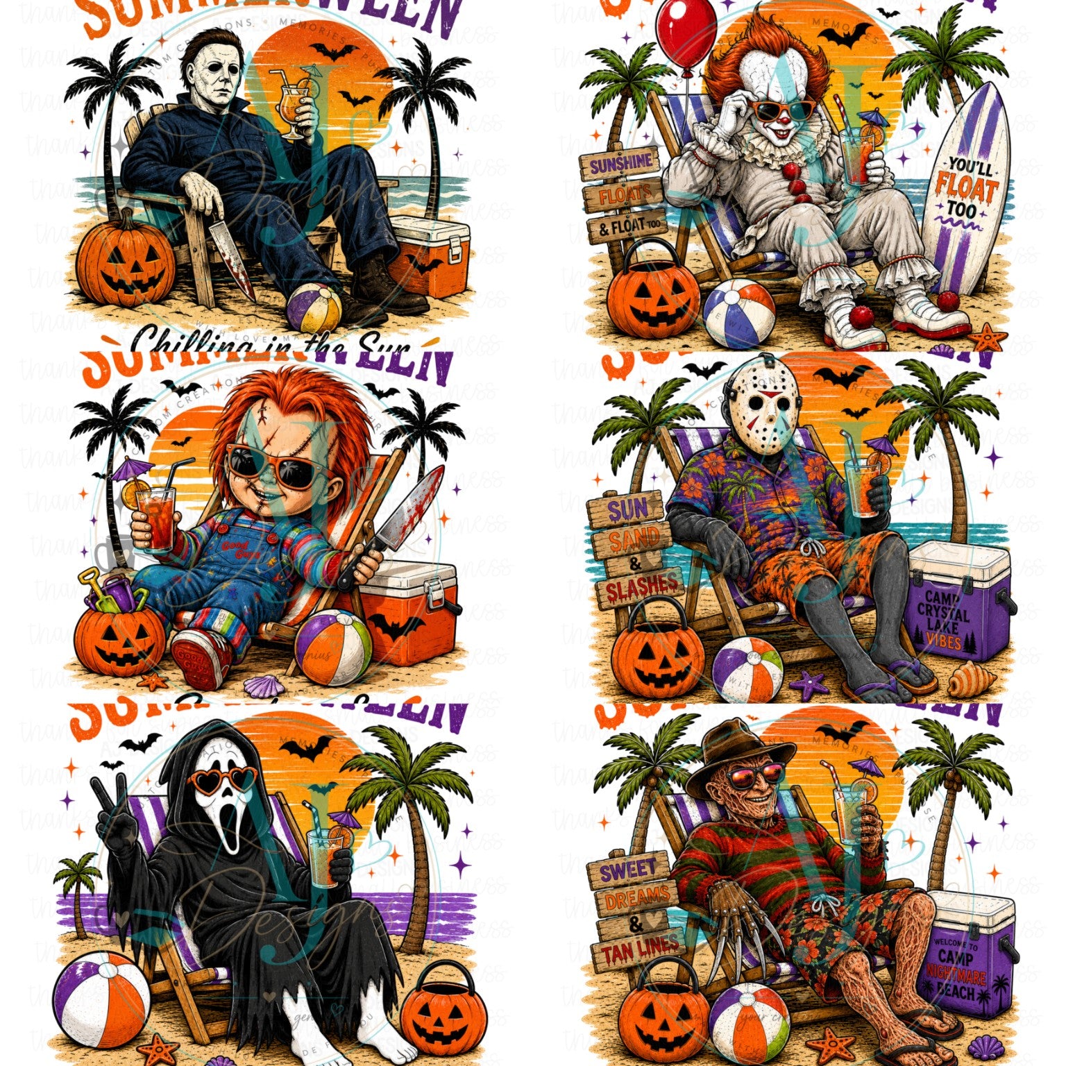 Six Summerween horror beach PNG designs bundle