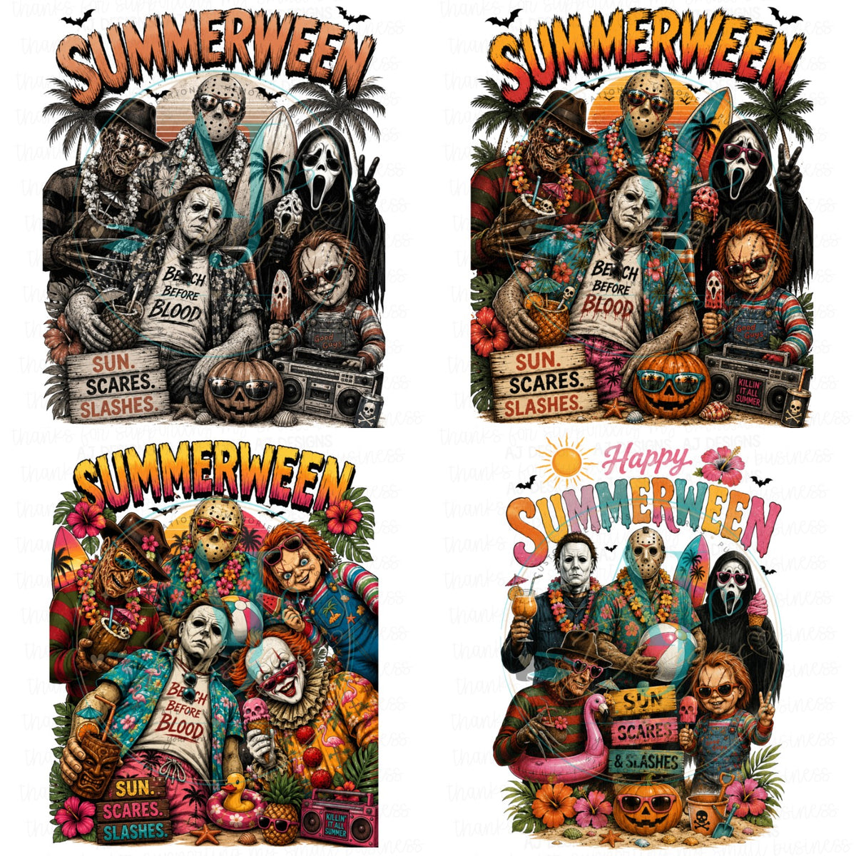 Summerween horror PNG bundle featuring four spooky summer designs