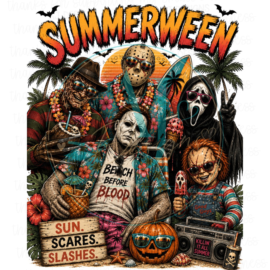 Summerween horror characters sun scares slashes PNG design